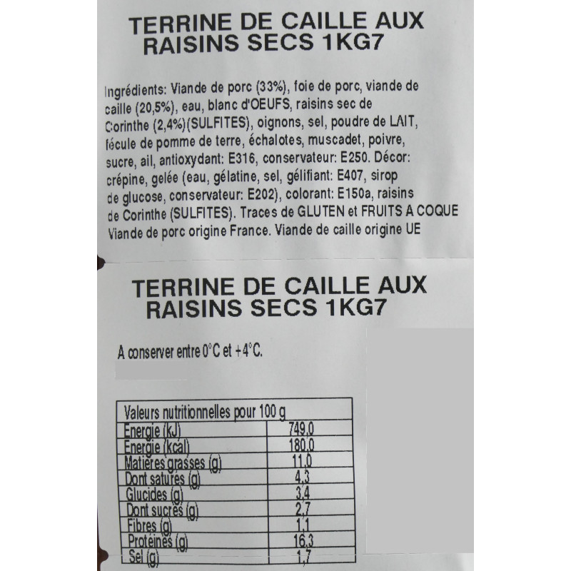 Terrine de Caille aux Raisins Secs | Terrine