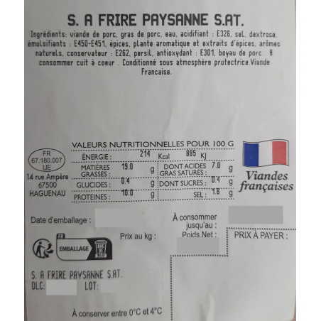 Saucisse a frire paysanne, sachet de 15 pieces | Charcuterie