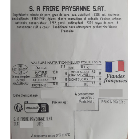 SAUCISSE A FRIRE PAYSANNE, SACHET DE 15 PIECES, 2 KG