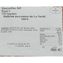 Poitrine Paysanne de la Forêt Noire, pièce de 2,8 kg minimum