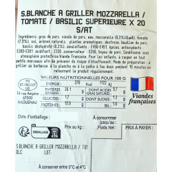 Saucisse Blanche Mozzarela Tomate Basilic, à griller, supérieure, x4 pièces, 480 gr