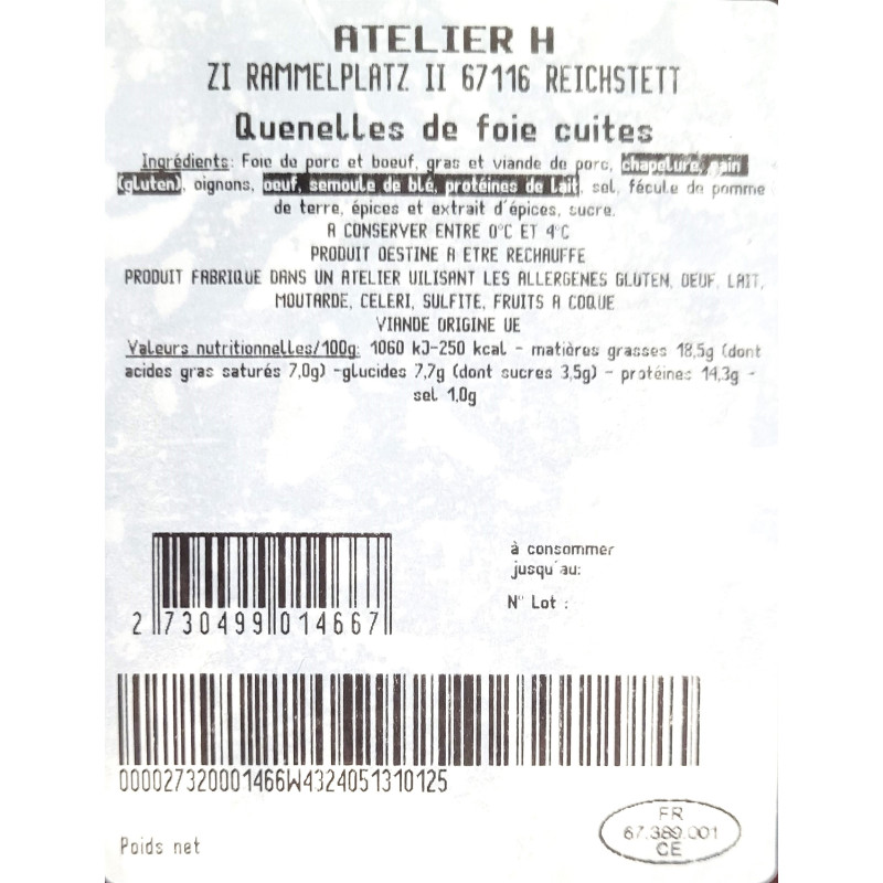 Quenelle de Foie Cuite, sachet de 1,400 kg | Spécialité Alsace